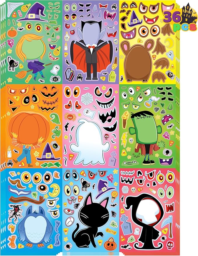 JOYIN 36 Pcs Halloween Make a Face Stickers for Kids, Halloween Crafts Party Supplies, Halloween Party Favor, Funny Stickers with 9 Designs, Halloween Games Classroom Art Activities Goodies Treats