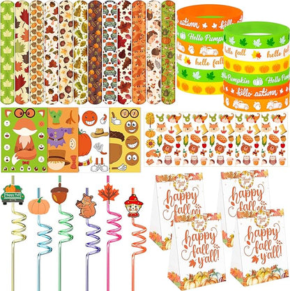 Erweicet Fall Party Favors 72 PCS Autumn Slap Bracelet DIY Stickers Plastic Straws Silicone Bracelets Tattoo Stickers Gift Bags for Kids Fall Harvest Party Classroom Rewards Goodie Bag Filler