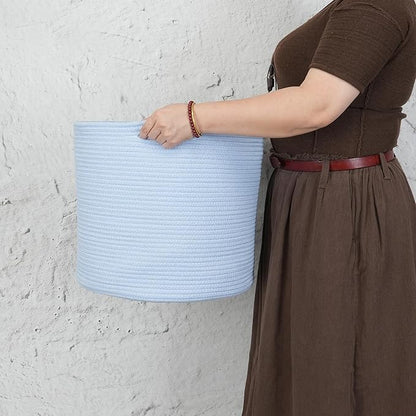 XUANGUO Cotton Rope Basket For Girls Boys Kids 16”X14” Baby Laundry Baskets Nursery Bin Round Woven Basket For Storage Toys Blankets Shoes Clothes blue
