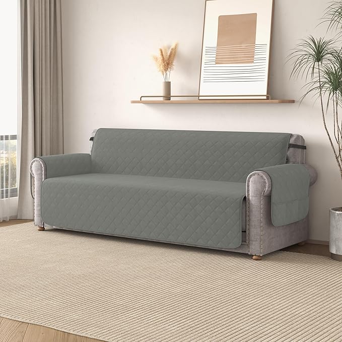 CHUN YI Loveseat Cover, Water Resistant Slipcover for 2 Cushion Couch, Washable Sofa Cover with Adjustable Strap Storage Pocket for Living Room Dog Pet (Loveseat, Light Grey)