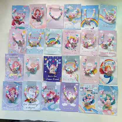 Valentines Day Gifts for Kids Classroom,Unicorn Valentines Cards for Kids School Girls, Princess Valentines Cards and Charm Bracelet, Mermaid Valentines Cards,Valentine Party Favors - 24 Packs