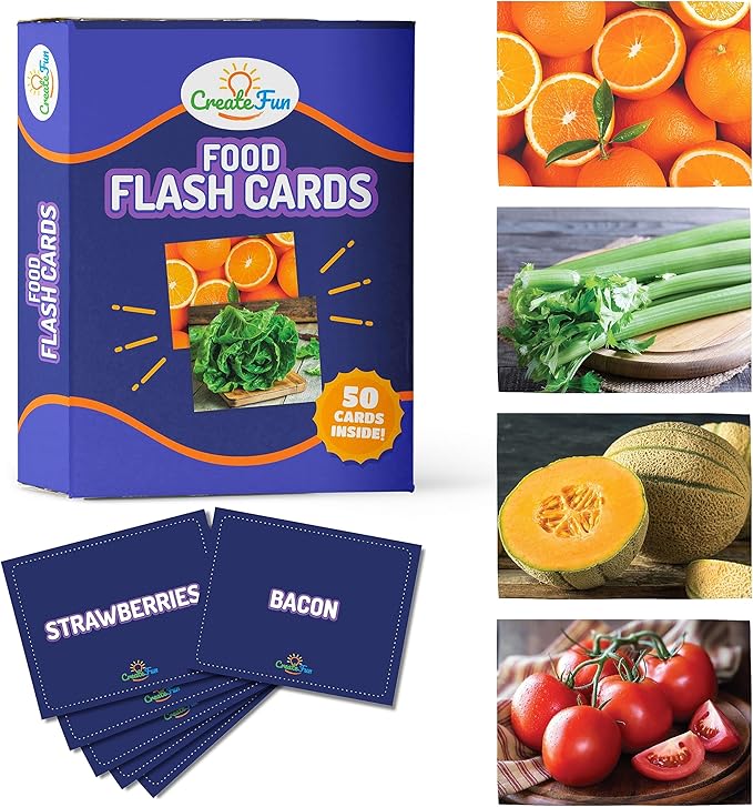 50 Food Double Sided Flash Cards - Nutritious Fruits, Heathly Vegetables, Yummy Desserts & Snacks - Educational Learning Picture Cards for Kids, Adults, Speech Therapy, ESL, ABA, Autism, Dementia