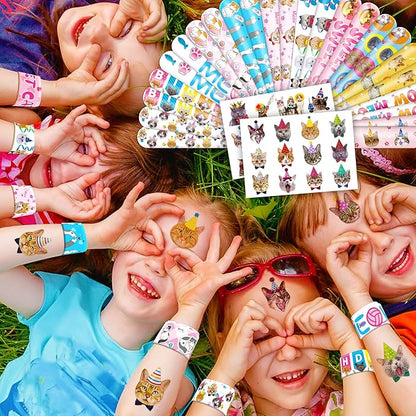 48PCS Cat Party Favors - 24PCS Tattoos & 24PCS Slap Bracelets - Kitty-Themed Birthday Supplies, Cute Decorations, Classroom Prizes, Gifts for Boys & Girls