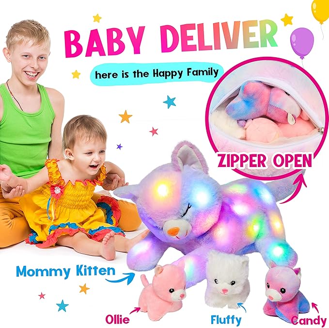 Hopearl LED Musical Stuffed Cat Lighting Up Singing Plush Toy Playset Mommy Cat with 3 Baby Kittens in her Tummy Lullaby Animated Soothe for Mom Kids Toddler Girls, Rainbow, 18''