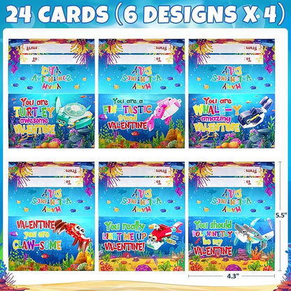 24 Pack Valentine Gifts for Kids 8-12, Marine Animal Building Blocks Kit with Gift Cards for Kids School Classroom, Party Favors Exchange for Boy Girl, Kid Valentine Basket Stuffers Egg Filler