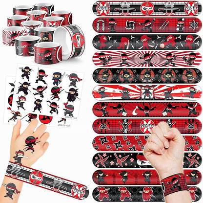 48PCS Ninja Party Favors - 24PCS Tattoos & 24PCS Slap Bracelets - Ninja Birthday Party Supplies, Samurai Baby Shower Decorations, Gifts, Classroom Prizes for Boys & Girls