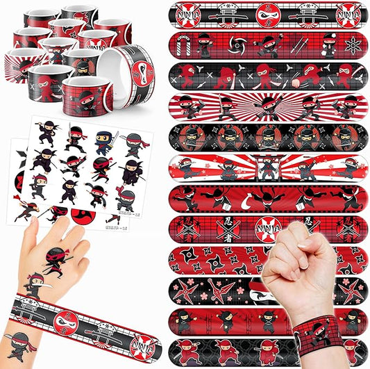 48PCS Ninja Party Favors - 24PCS Tattoos & 24PCS Slap Bracelets - Ninja Birthday Party Supplies, Samurai Baby Shower Decorations, Gifts, Classroom Prizes for Boys & Girls