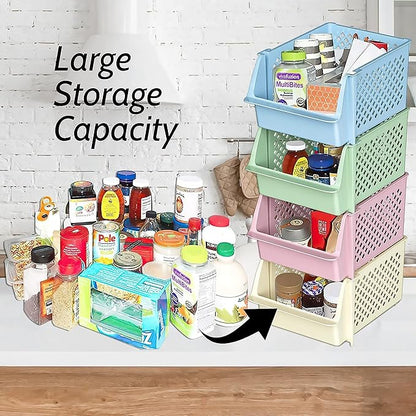 TidyFriend Stackable Storage Bins for Pantry, 4 Pack Stackable Bins For Organizing Food, Kitchen, and Bathroom Essentials (Multi)