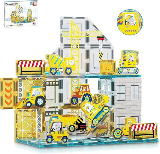 PicassoTiles Magnet Tiles Magnetic Building Blocks with 8 Construction Vehicles Crank Truck Excavator Bulldozer Road Roller Concrete Mixer Tractor Dump Truck Forklift Toys Learning Kids Ages 3+ PTQ11