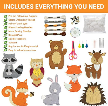 Craftorama Sewing Kit for Kids, Fun and Educational Animal Craft Set for Boys and Girls Age 7-12, Sew Your Own Felt Animals Craft Kit for Beginners, 165 Piece Set
