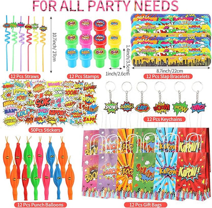 LiYiQ 122 Pcs Hero Party Favors with Hero Punch Balloons Reusable Drinking Straws Hero Slap Bracelets Keychains Stamps Stickers and Gift Bags for Kids Hero Birthday Party Supplies (Style 1)