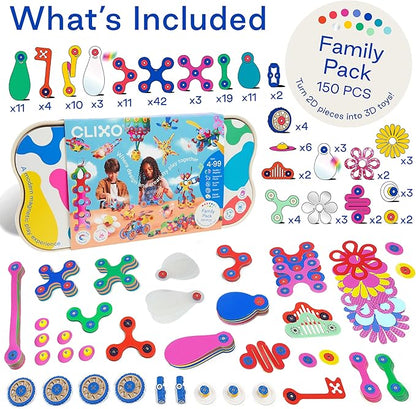 Clixo Mega Pack – 150-Piece Flexible Magnetic Building Toy for Creative Family Play | STEAM Learning, Open-Ended Play. Perfect for Collaborative Fun, Travel, and Educational Bonding. Ages 4+