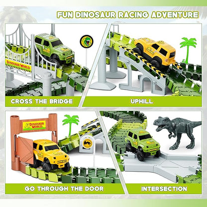 Dinosaur Tracks, 271 PCS Create A Dinosaur World Road Race for Kids Boys Toys Flexible Train Tracks Set with 2 Cool Race Cars and 2 Dinosaur Toys for Age 3 4 5 6 7 8 Year & Up Old Boy Girls Best Gift