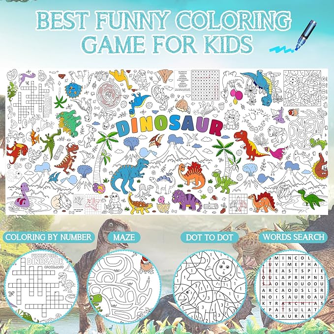 Dinosaur Giant Coloring Poster for Kids 30x72 Inch, Dinosaur Large Coloring Poster Tablecloth Books, Dinosaur Themed Color-in Activities Games for Kids School Classroom Home Party Supplies Decorations