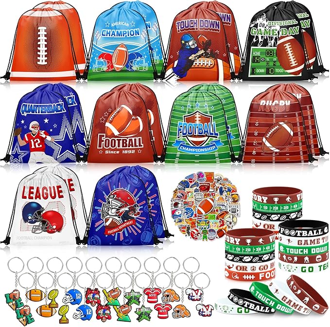 110 Pcs Football Party Favors Drawstring Backpack with Keychains Silicone Bracelets Stickers for Sports Birthday Supplies Goodie Bags Football Themed Presents