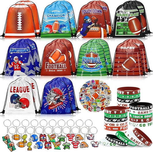110 Pcs Football Party Favors Drawstring Backpack with Keychains Silicone Bracelets Stickers for Sports Birthday Supplies Goodie Bags Football Themed Presents