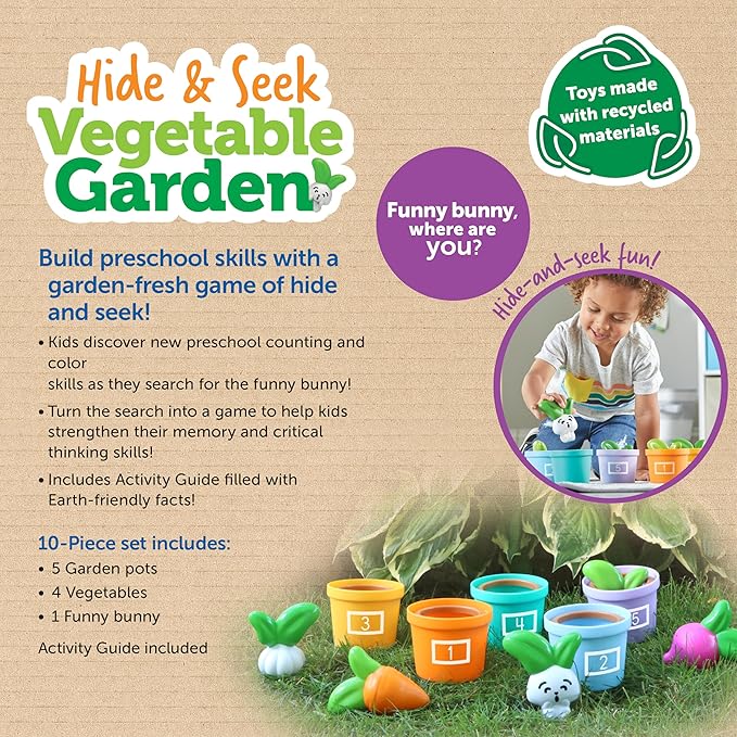 Learning Resources Hide & Seek Vegetable Garden , Preschool Learning Activities, Montessori Toys, Sustainable Toys, Easter Gifts, Ages 18 Months+, 10 Pieces
