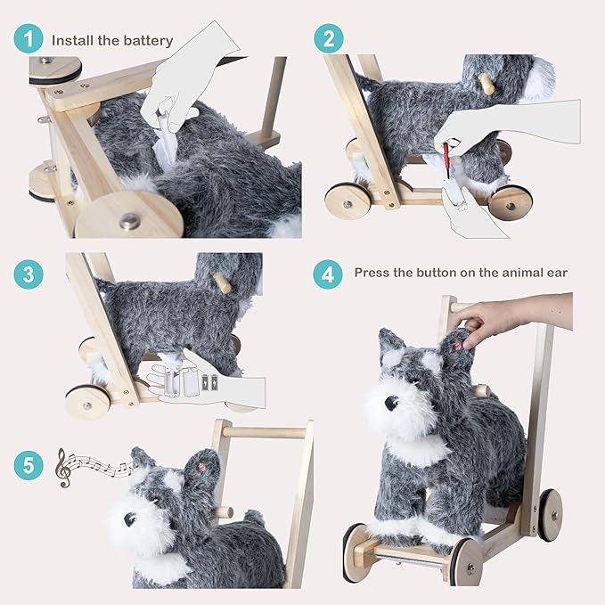 Rock My Baby Wooden Baby Walker, 2-in-1 Baby Push Walker & Ride On Toy for Toddlers 12M+, Learning to Walk Toy with Sweet Music, Soft Cuddly Dog Toy for Boys Girls (Schnauzer Dog) CPC Certified