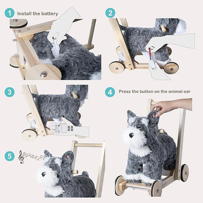 Rock My Baby Wooden Baby Walker, 2-in-1 Baby Push Walker & Ride On Toy for Toddlers 12M+, Learning to Walk Toy with Sweet Music, Soft Cuddly Dog Toy for Boys Girls (Schnauzer Dog) CPC Certified