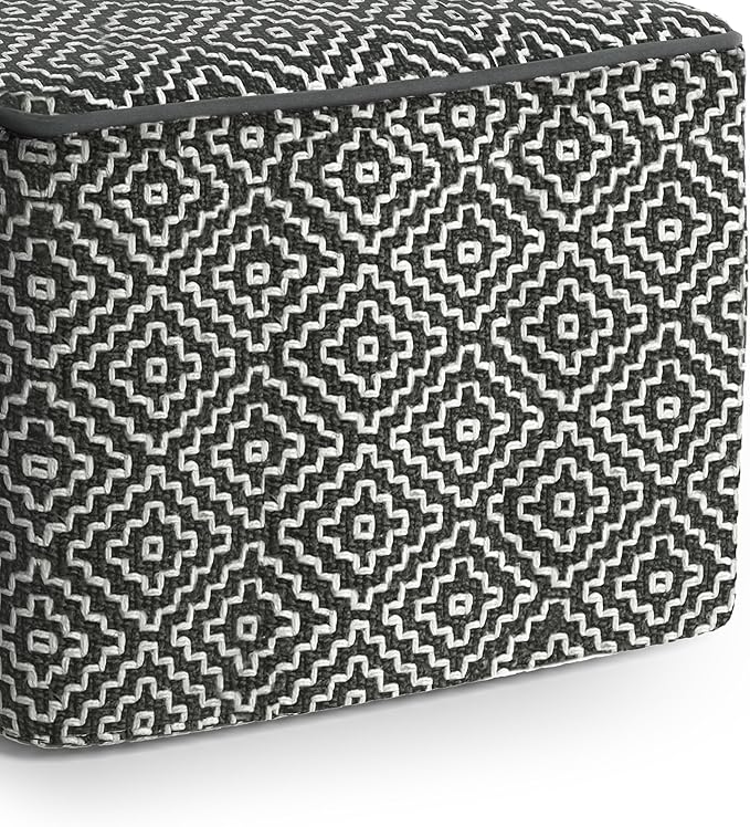 SIMPLIHOME Briella 18 Inch Boho Square Woven Outdoor/ Indoor Pouf in Grey and White Recycled PET Polyester, For the Living Room, Bedroom and Kids Room