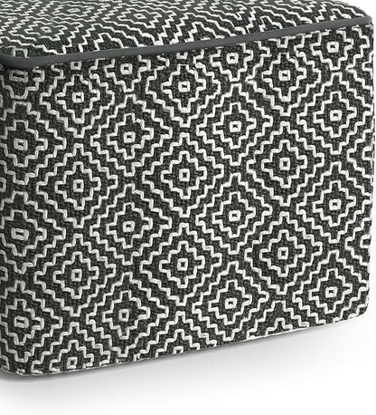 SIMPLIHOME Briella 18 Inch Boho Square Woven Outdoor/ Indoor Pouf in Grey and White Recycled PET Polyester, For the Living Room, Bedroom and Kids Room