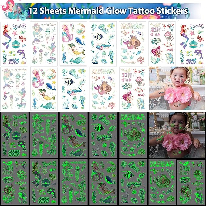 Golray 96Pcs Mermaid Party Favors with Goodie Bags Necklace Bracelet Rings Hair Clip Stampers Tattoo Tail Keychain for Girls Prize Toy Gift Stuffers Fillers Pinata Mermaid Birthday Party Supplies