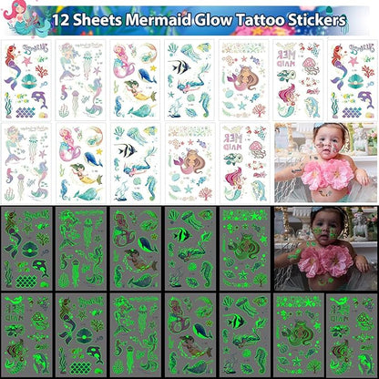 Golray 96Pcs Mermaid Party Favors with Goodie Bags Necklace Bracelet Rings Hair Clip Stampers Tattoo Tail Keychain for Girls Prize Toy Gift Stuffers Fillers Pinata Mermaid Birthday Party Supplies