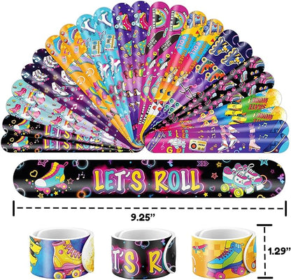48PCS Roller Skate Party Favors - 24PCS Tattoos & 24PCS Slap Bracelets - Retro 60s & 80s Birthday Supplies, Decorations, Gifts, Classroom Prizes for Boys & Girls