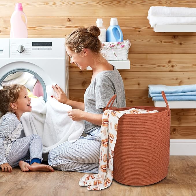 XUANGUO Cotton Rope Laundry Basket Hamper for Clothes Woven Storage Basket for Living Room Bedroom Boho Tall Rope Baskets for Blanket Toys Pillow Towels Baby Nursery Hamper Bin Large rust red
