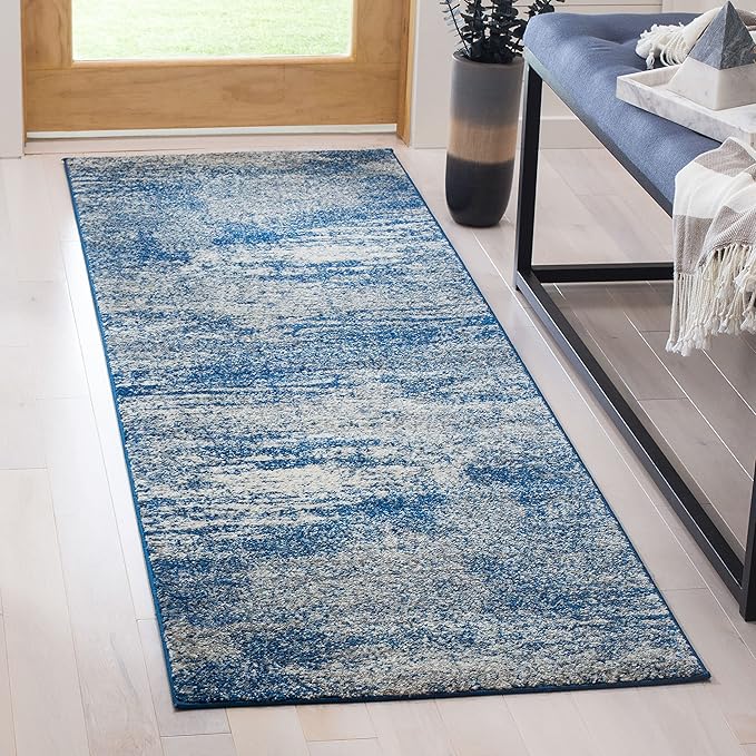 SAFAVIEH Evoke Collection 2'2" x 15' Navy/Ivory EVK272A Modern Abstract Non-Shedding Living Room Bedroom Runner Rug