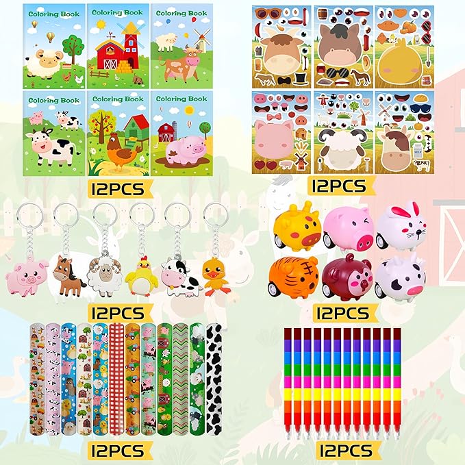 Farm Animals Party Favors,Farm Animal Coloring Books and Eight Color Crayons,Keychains Pull Back Cars Slap Bracelets Stickers For Kids
