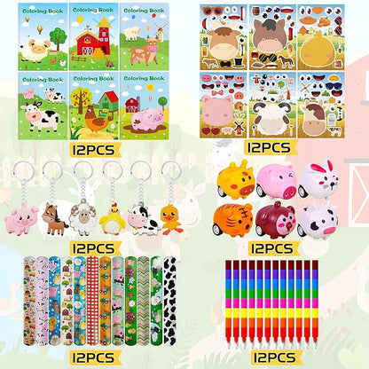 Farm Animals Party Favors,Farm Animal Coloring Books and Eight Color Crayons,Keychains Pull Back Cars Slap Bracelets Stickers For Kids