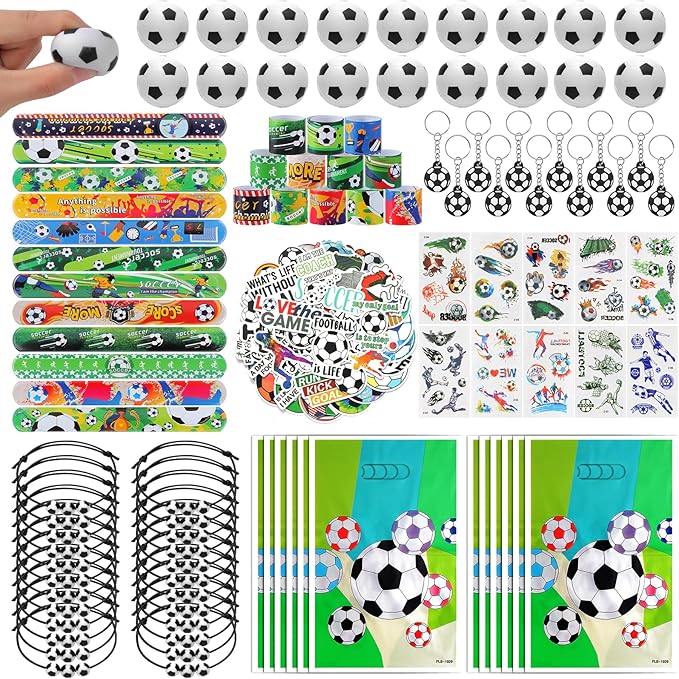 295 Pieces Soccer Party Favors Supplies Set Bulk Mini Soccer Ball Soccer Slap Bracelet Tattoo Sticker Keychain Adjustable Bracelet Goodie Bag Fillers for Sports Soccer Party Gifts Bags (Soccer)
