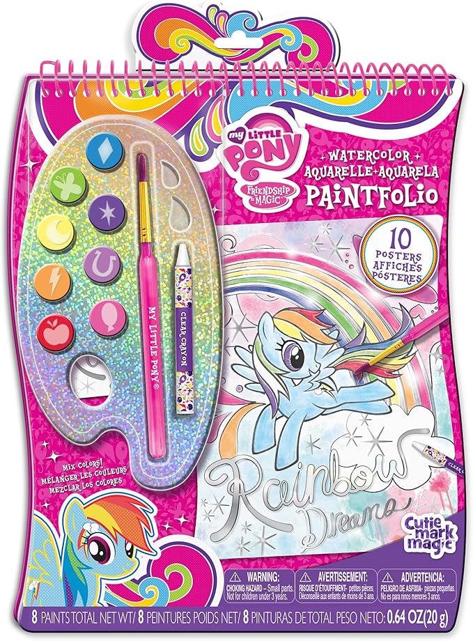 Canal Toys USA Ltd Sparkling Watercolor Pony Posters Kit - 10 Posters, 8 Shimmer Colors, Brush & Wax Crayon - Kids Art Set with Metallic Foil Accents
