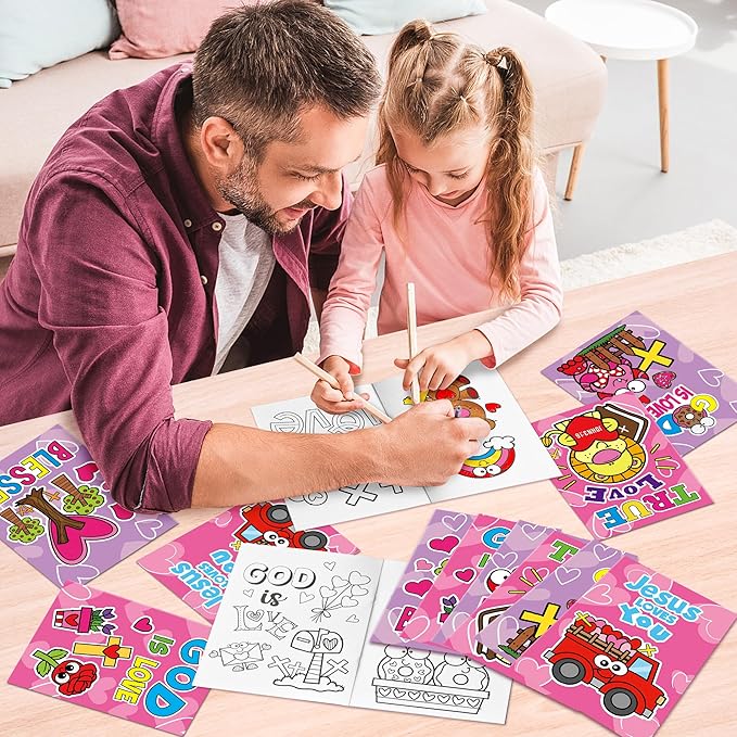 Valentine’s Day Coloring Books for Kids - 24Pcs Bulk Christian Theme Mini Coloring Booklet DIY Art Drawing Book for Toddlers Valentine Birthday Party Goodie Bags Stuffers Sunday School Classroom Favor