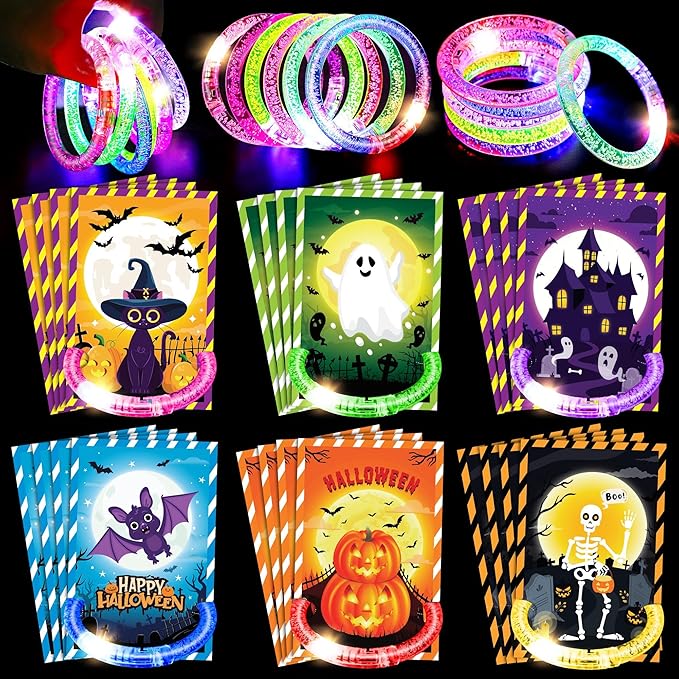 24 Pack Halloween Party Favors Bracelets Glow in the Dark Bracelets, Halloween Treats Party Favors Light Up Bracelet Halloween Glow Sticks Bracelet for Non Candy Treats Halloween Party Supplies