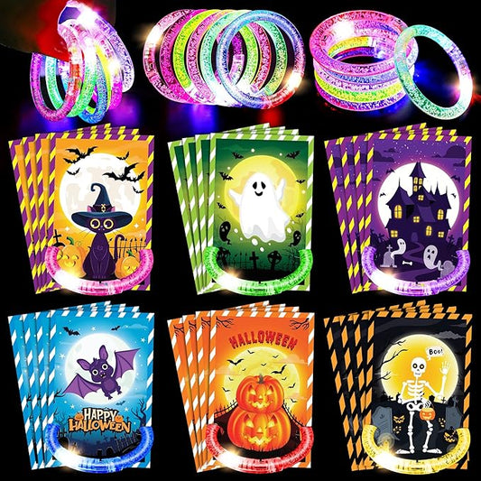 24 Pack Halloween Party Favors Bracelets Glow in the Dark Bracelets, Halloween Treats Party Favors Light Up Bracelet Halloween Glow Sticks Bracelet for Non Candy Treats Halloween Party Supplies