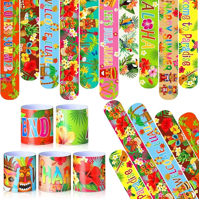 Civaner 40 Pieces Luau Party Favors Hawaiian Theme Slap Bracelets Aloha Party Decorations Tiki Snap Bracelets for Kids Summer Tropical Birthday Party Supplies Pool Beach Birthday Gifts 10 Styles