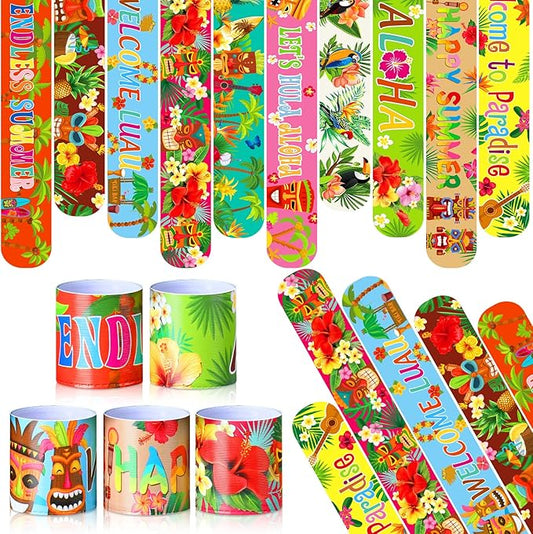 Civaner 40 Pieces Luau Party Favors Hawaiian Theme Slap Bracelets Aloha Party Decorations Tiki Snap Bracelets for Kids Summer Tropical Birthday Party Supplies Pool Beach Birthday Gifts 10 Styles