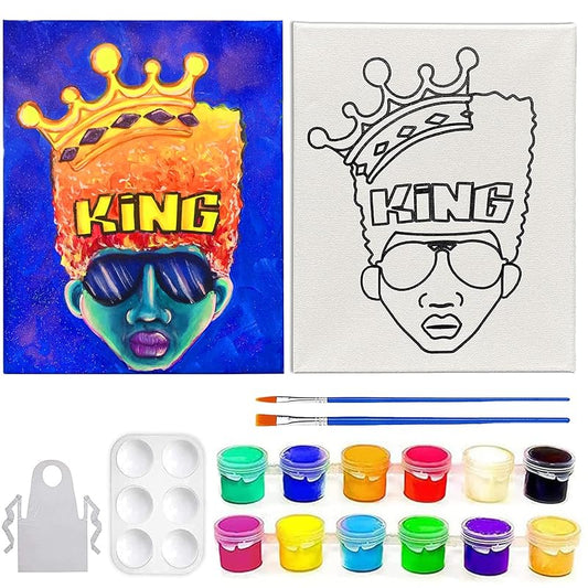 Indigo Art Studio Pre Drawn Canvas Paint Kit for Adults Kids Couples | Stretched & Stenciled | Art Activity | Afro King #2 Retro | DIY Birthday Gift & Sip and Paint With Twist Party Favor | 8x10