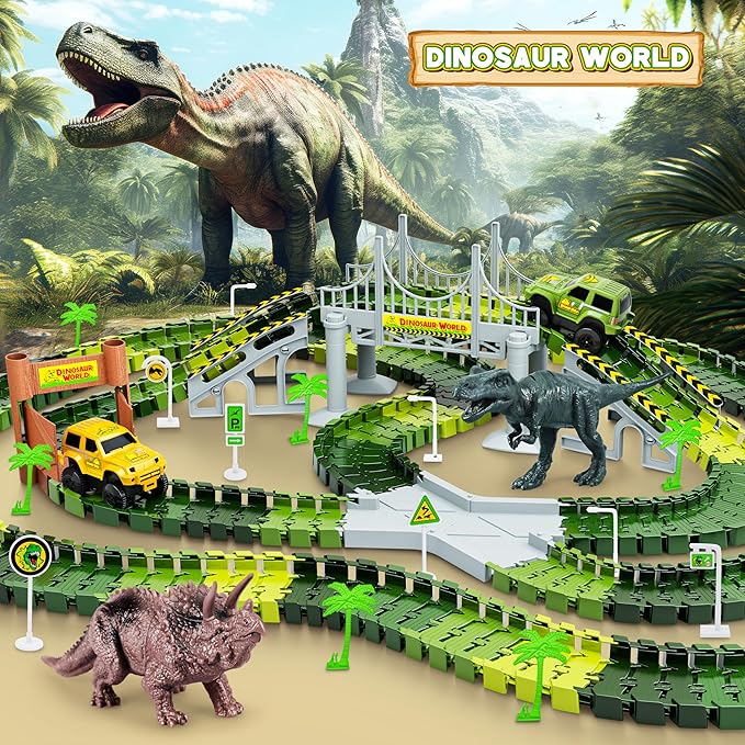 Dinosaur Tracks, 271 PCS Create A Dinosaur World Road Race for Kids Boys Toys Flexible Train Tracks Set with 2 Cool Race Cars and 2 Dinosaur Toys for Age 3 4 5 6 7 8 Year & Up Old Boy Girls Best Gift