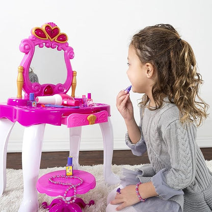 HEY! PLAY! Princess Pretend Play Kid Vanity with Stool – Functional Mirror with Lights and Sounds – Includes Fun Fashion and Makeup Accessories (Pink)