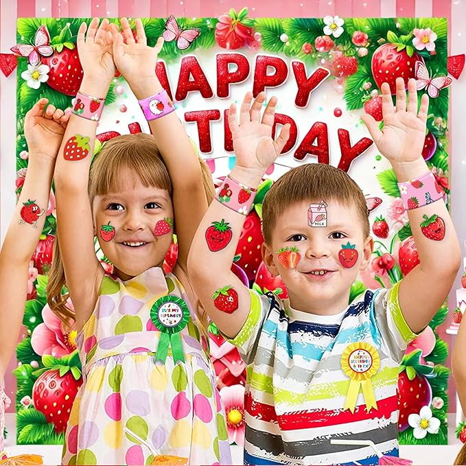 48PCS Strawberry Party Favors - 24PCS Tattoos & 24PCS Slap Bracelets - Berry Themed Birthday, Baby Shower, Goody Bag Fillers, Summer Party Supplies, Classroom Prizes, Gifts for Kids & Toddlers