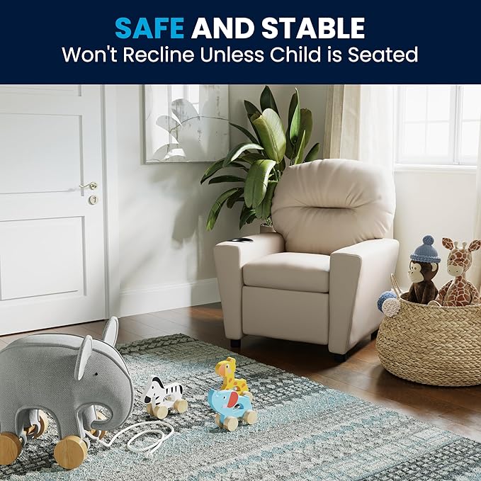 Flash Furniture Chandler Vinyl Kids Recliner with Cup Holder and Safety Recline, Contemporary Reclining Chair for Kids, Supports up to 90 lbs., Beige