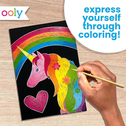 Ooly Scratch & Scribble 10pc Art Kit with 8 Total Scratch Cards (4 Illustrated, 2 Blank, 2 Rainbow) with Scratching Tool and Sparkled Stickers, Art Set Gifts for Kids - Unicorns