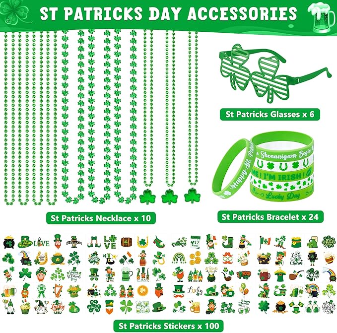 140PCS St Patricks Day Accessories, St. Patrick's Day Glasses Bracelets Tattoos Beads, Irish Glasses Bracelets Tattoos Beads Stuff Bulk, Shamrock Saint Patricks Parade Throw Party Favor Decorations