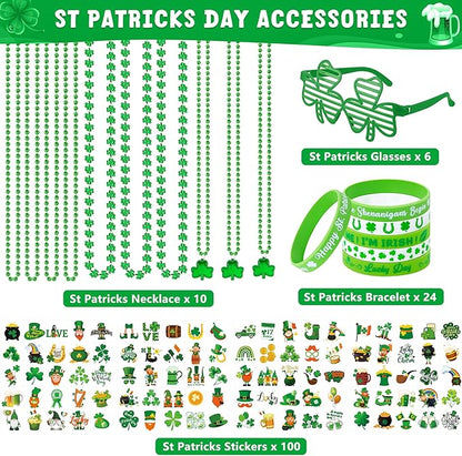 140PCS St Patricks Day Accessories, St. Patrick's Day Glasses Bracelets Tattoos Beads, Irish Glasses Bracelets Tattoos Beads Stuff Bulk, Shamrock Saint Patricks Parade Throw Party Favor Decorations