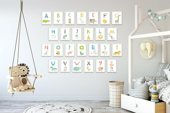 English Alphabet Wall Cards Art Flash Cards- Set of 26 White (5" x 7") Animal Alphabet Cards for Nursery Decor, Gifts, Kids Room, Classroom, by Kindred Sol Collective
