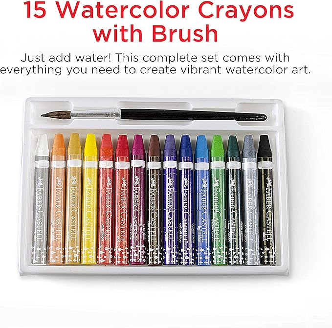 Faber-Castell Watercolor Crayons with Brush, 15 Colors - Premium Quality Art Supplies for Kids