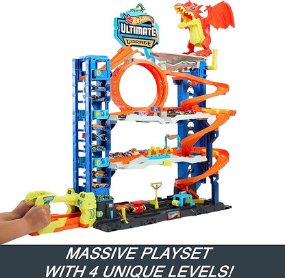 Hot Wheels City Ultimate Garage Track Set with 2 Die-Cast Toy Cars & Car-Eating Dragon, Stores 50+ Vehicles, 4 Levels